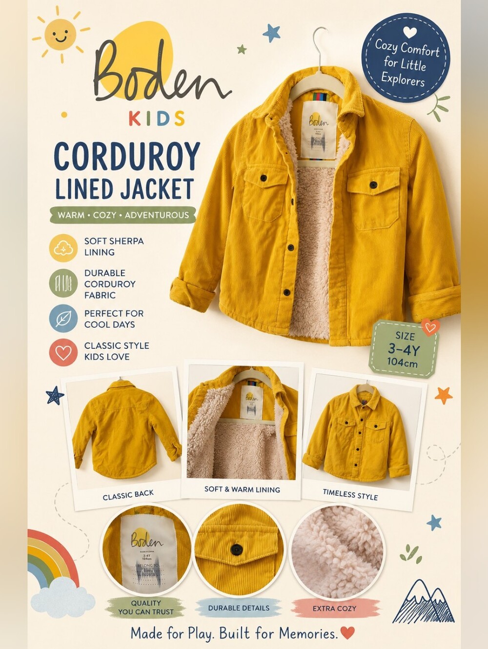 Boden Kids Mustard Yellow Corduroy Sherpa-Lined Shirt Jacket – Size 3-4Y
